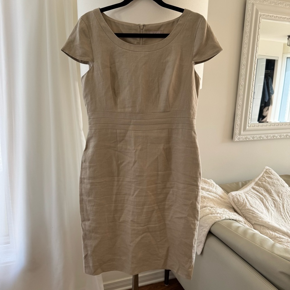 Planet 100% linen dress Minimalist Neutral beige short sleeve 6 Classic